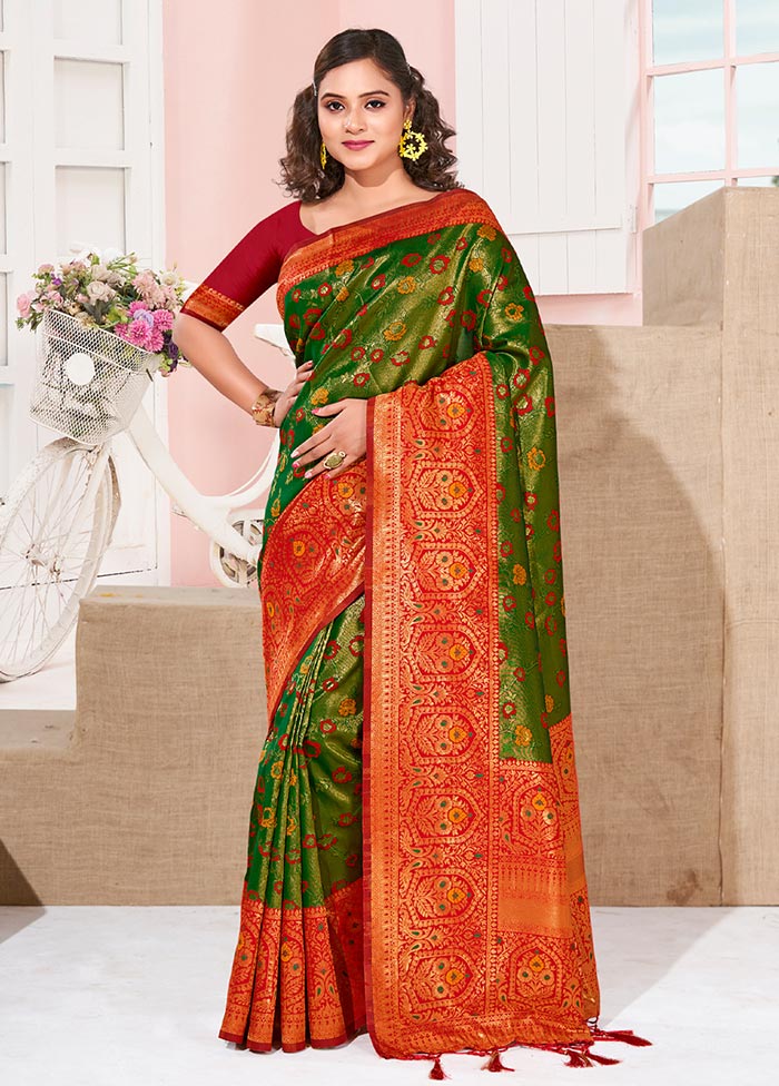 Green Spun Silk Saree With Blouse Piece - Indian Silk House Agencies