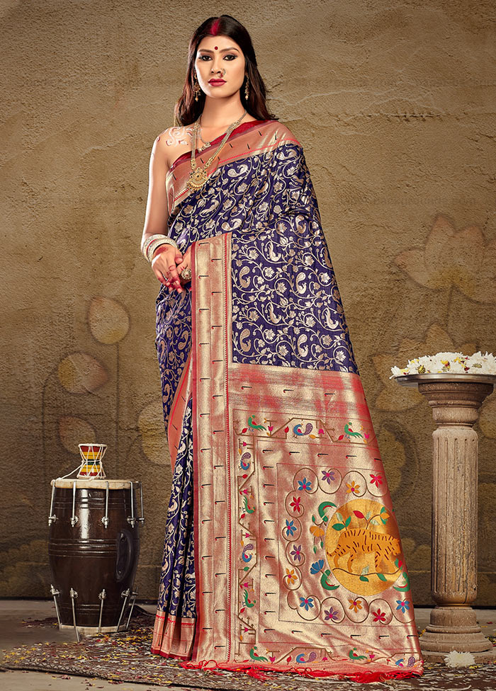 Navy Blue Spun Silk Saree With Blouse Piece - Indian Silk House Agencies