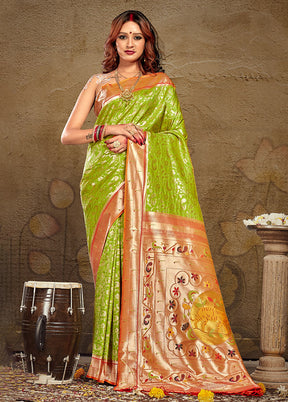 Parrot Green Spun Silk Saree With Blouse Piece - Indian Silk House Agencies