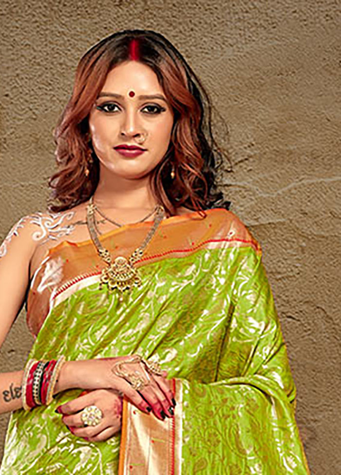 Parrot Green Spun Silk Saree With Blouse Piece - Indian Silk House Agencies