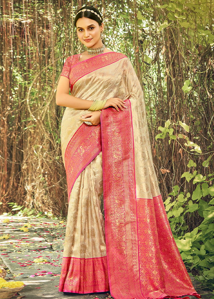 Cream Dupion Silk Saree With Blouse Piece - Indian Silk House Agencies