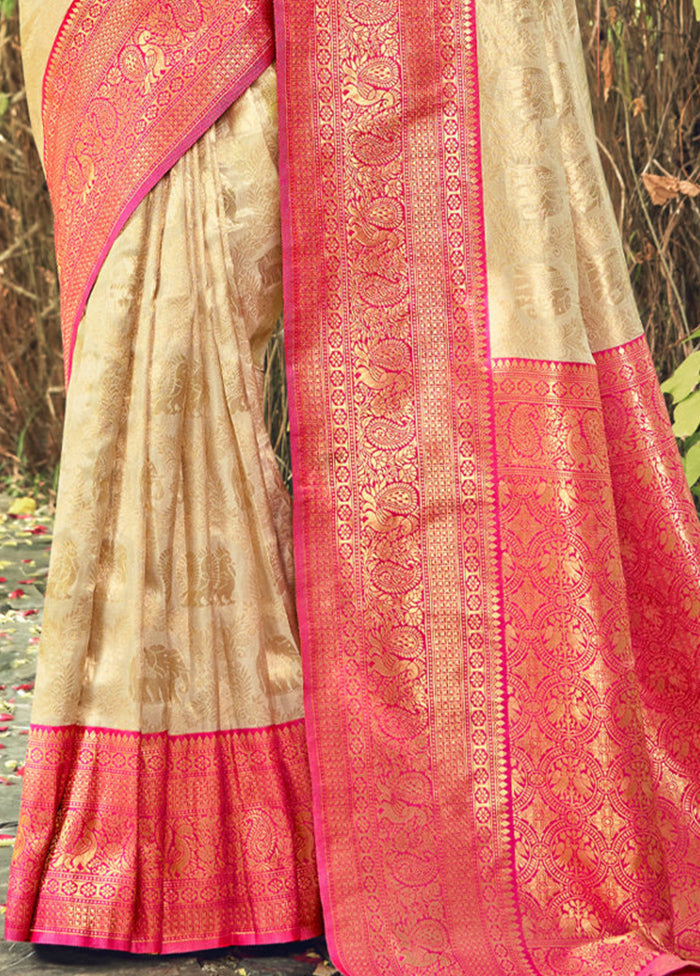 Cream Dupion Silk Saree With Blouse Piece - Indian Silk House Agencies