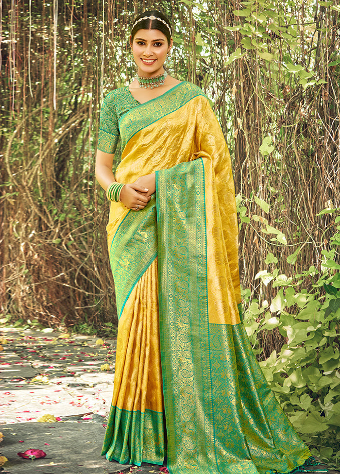 Yellow Dupion Silk Saree With Blouse Piece - Indian Silk House Agencies