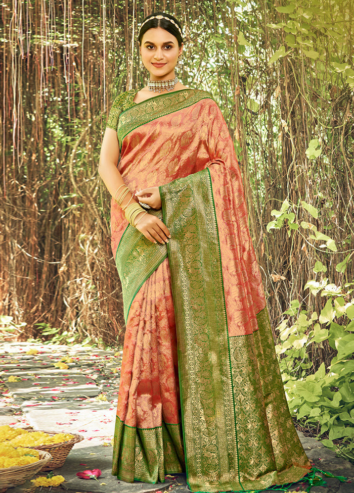 Peach Dupion Silk Saree With Blouse Piece - Indian Silk House Agencies