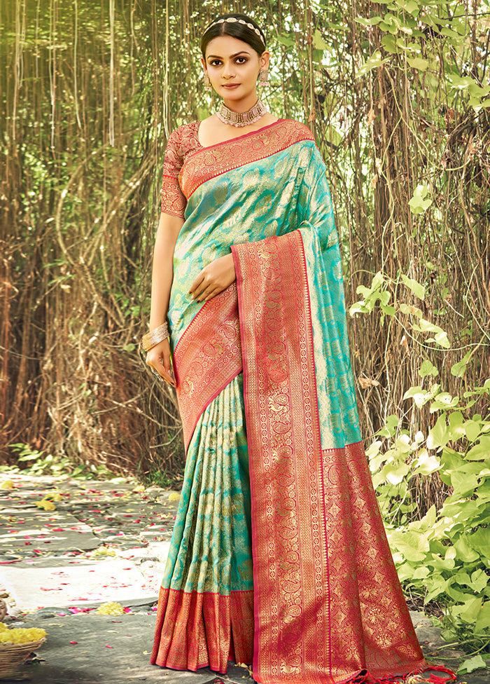 Sea Green Dupion Silk Saree With Blouse Piece - Indian Silk House Agencies