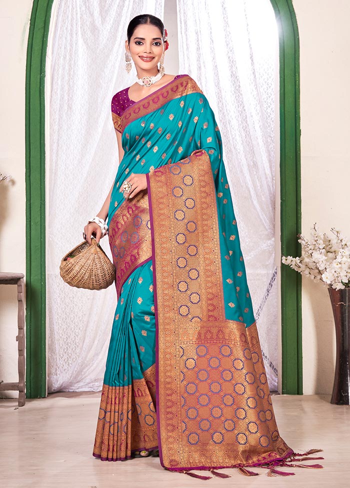 Sky Blue Spun Silk Saree With Blouse Piece - Indian Silk House Agencies