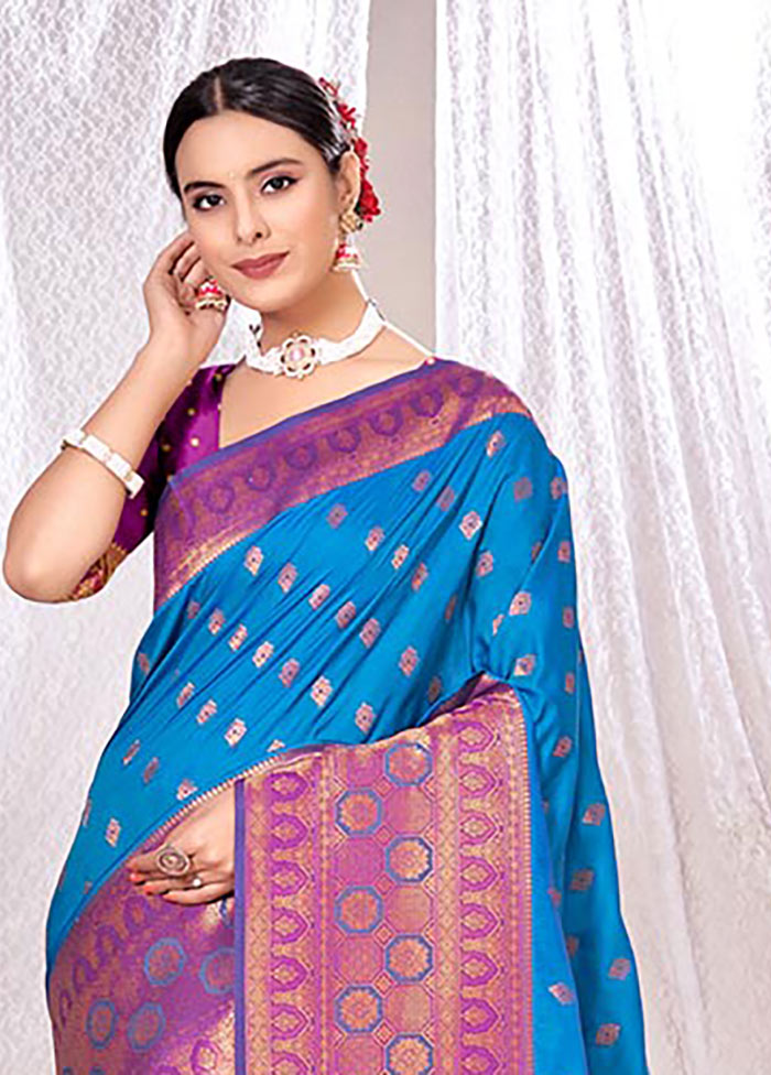 Sky Blue Spun Silk Saree With Blouse Piece - Indian Silk House Agencies