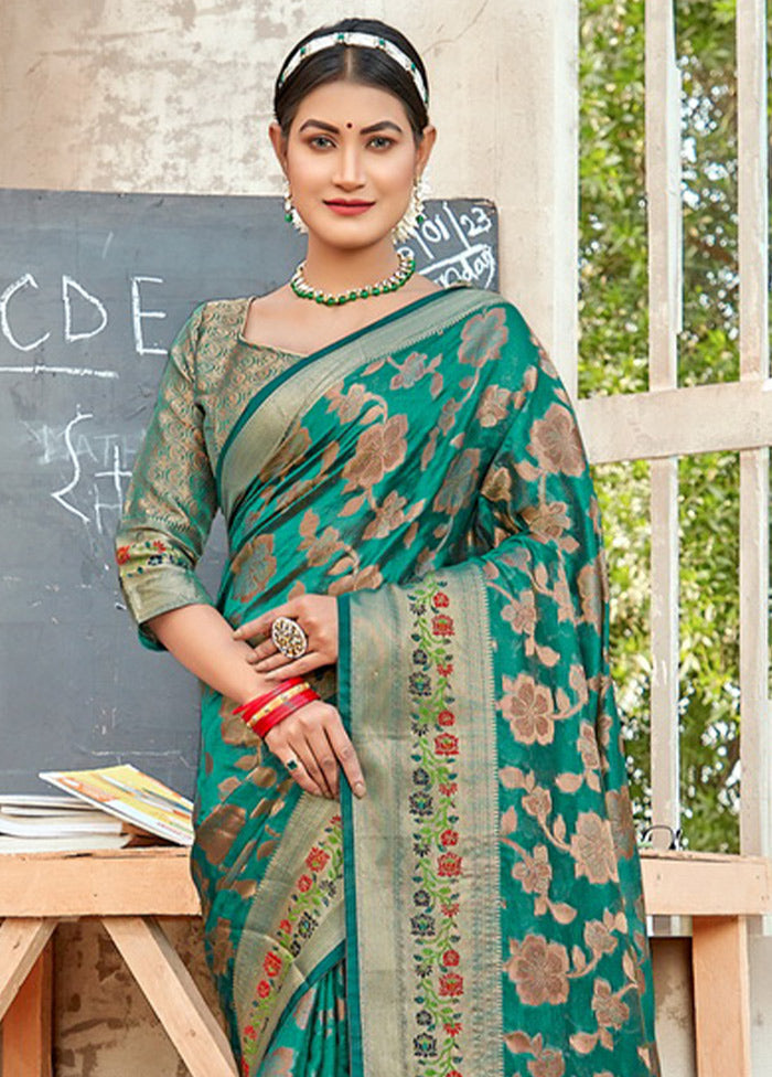 Turquoise Organza Saree With Blouse Piece - Indian Silk House Agencies