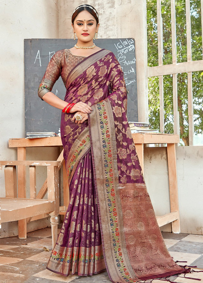 Purple Organza Saree With Blouse Piece - Indian Silk House Agencies