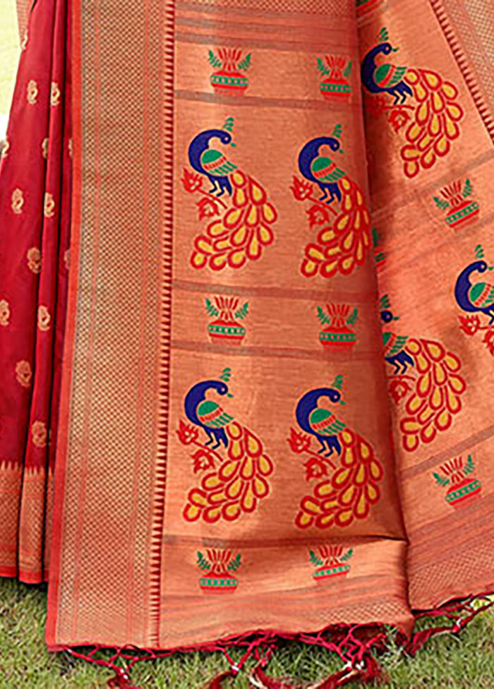 Red Spun Silk Saree With Blouse Piece - Indian Silk House Agencies