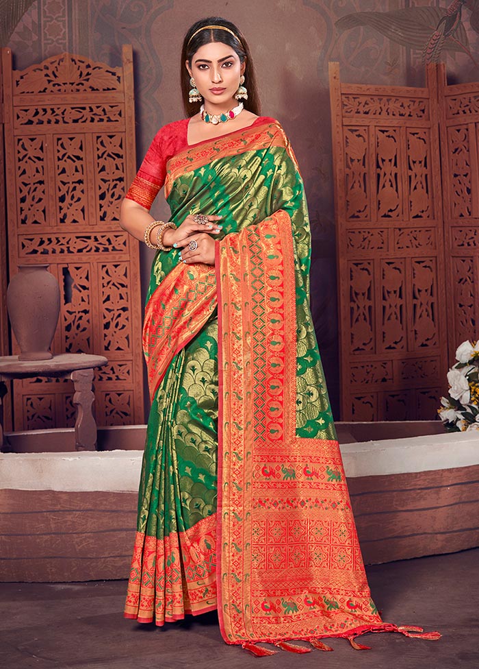 Green Spun Silk Saree With Blouse Piece - Indian Silk House Agencies