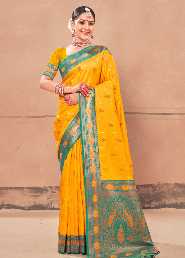 Yellow Dupion Silk Saree With Blouse Piece - Indian Silk House Agencies