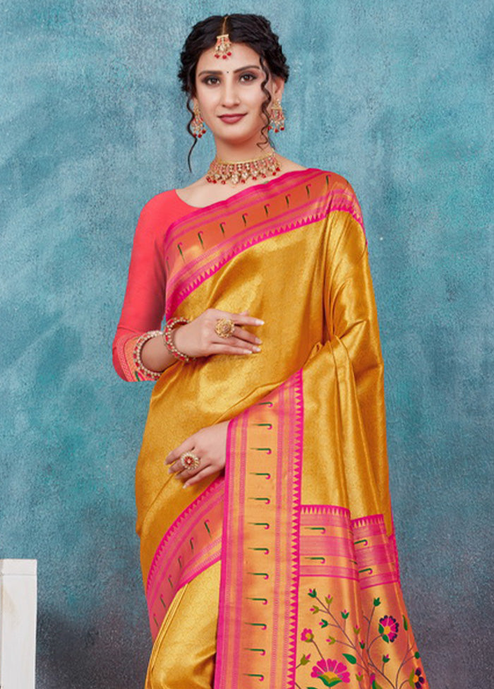 Mustard Paithani Silk Saree With Blouse Piece - Indian Silk House Agencies