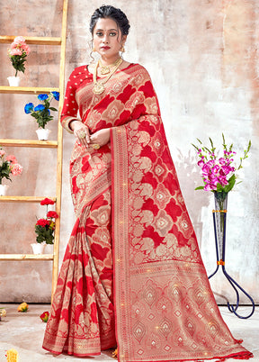 Red Organza Saree With Blouse Piece - Indian Silk House Agencies