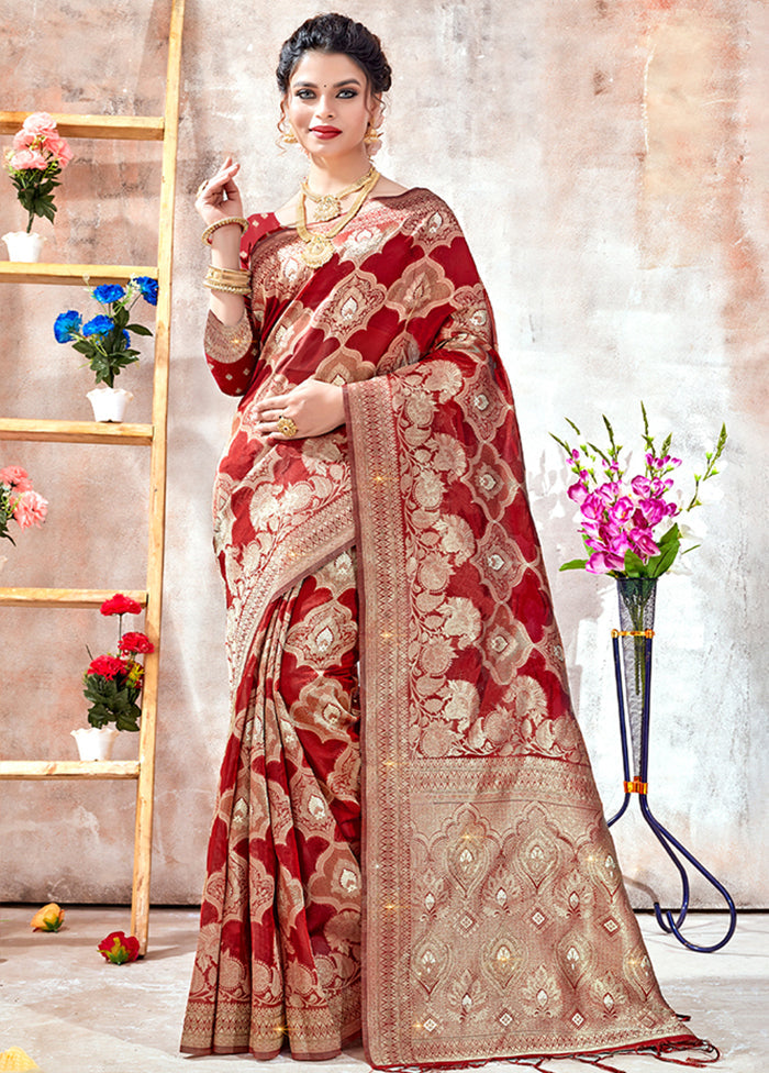 Maroon Organza Saree With Blouse Piece - Indian Silk House Agencies