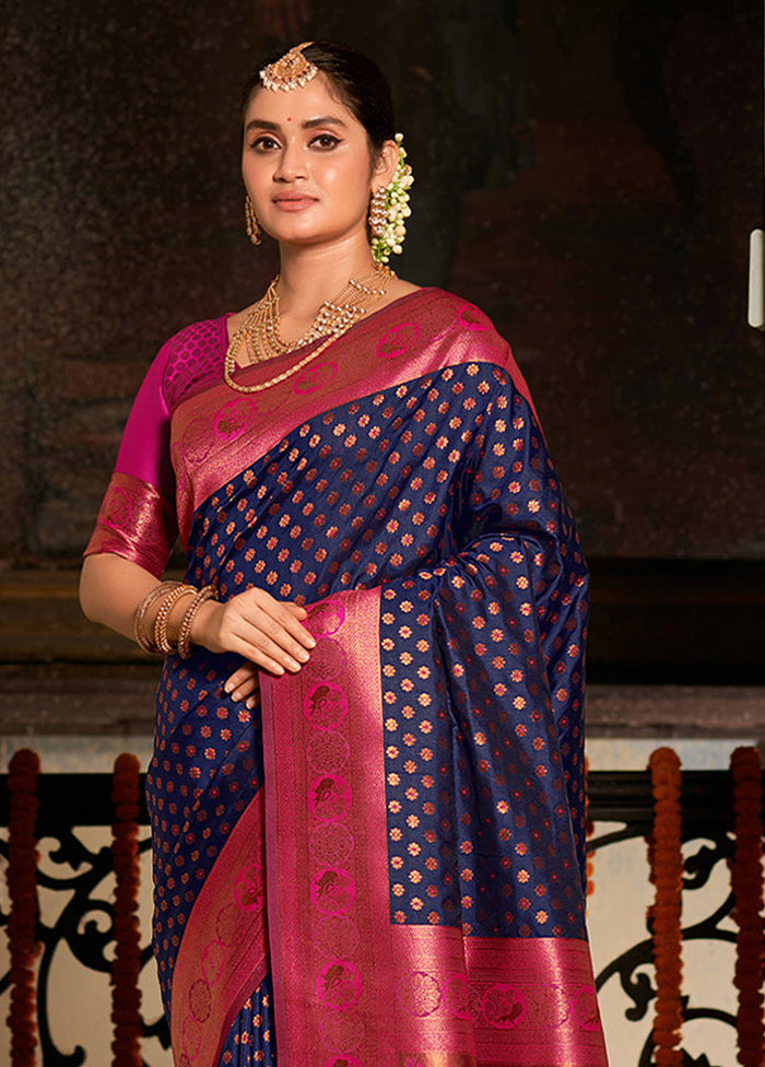 Navy Blue Spun Silk Saree With Blouse Piece - Indian Silk House Agencies