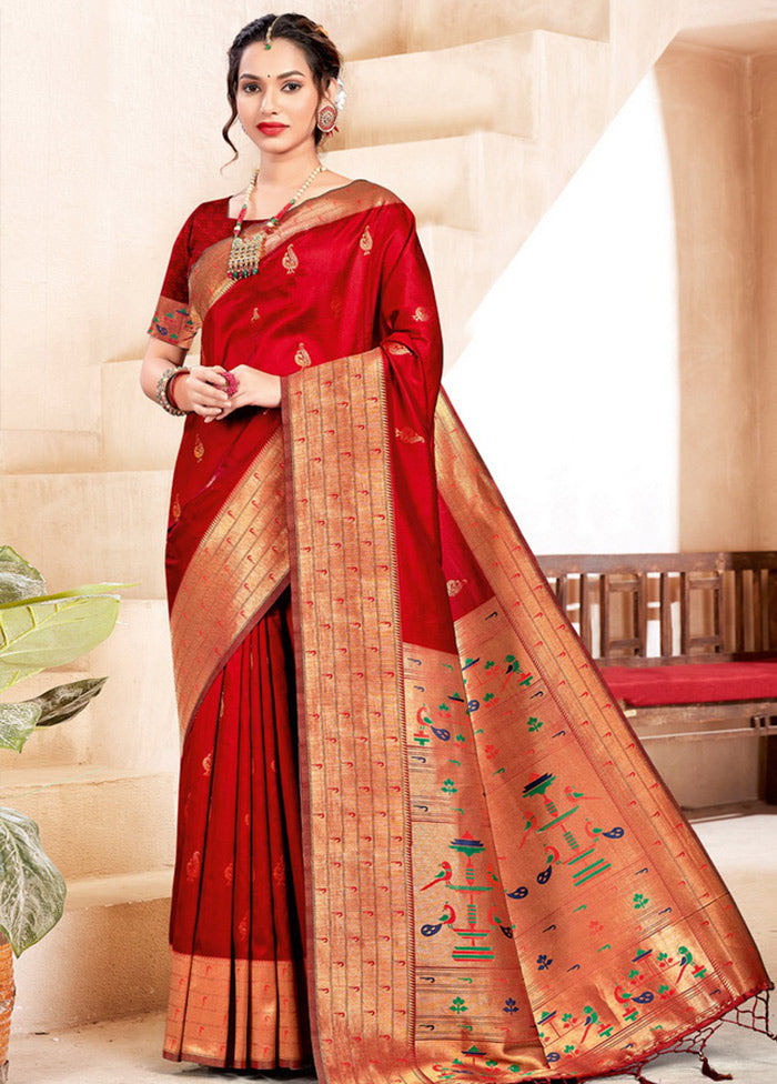 Red Spun Silk Saree With Blouse Piece - Indian Silk House Agencies