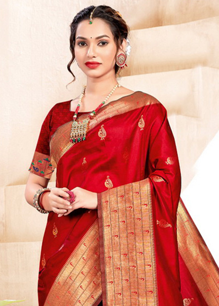 Red Spun Silk Saree With Blouse Piece - Indian Silk House Agencies