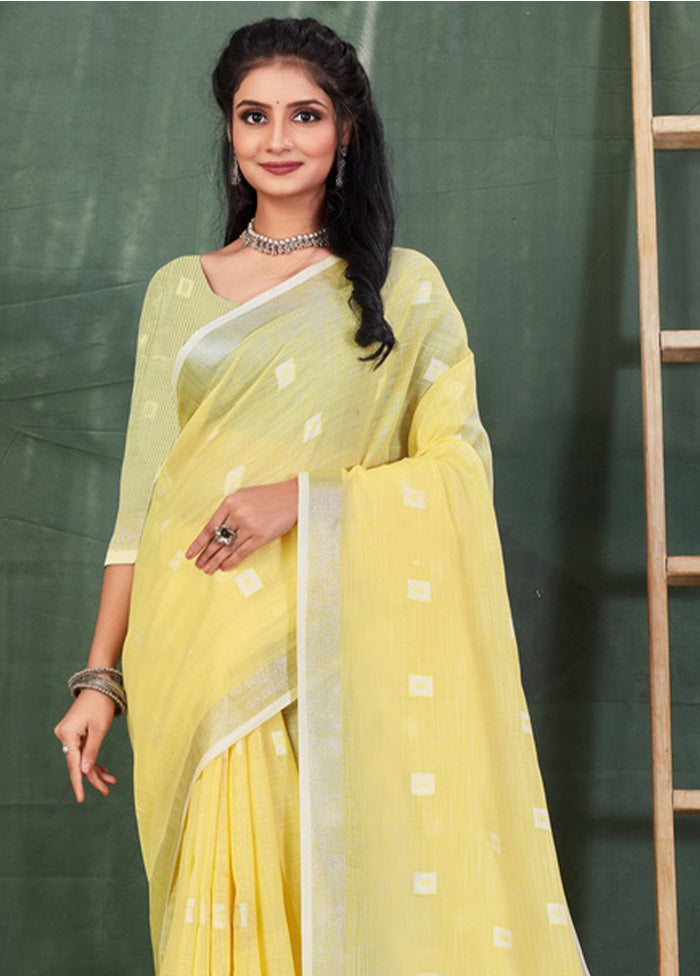 Yellow Linen Silk Saree With Blouse Piece - Indian Silk House Agencies