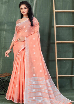 Peach Linen Silk Saree With Blouse Piece - Indian Silk House Agencies