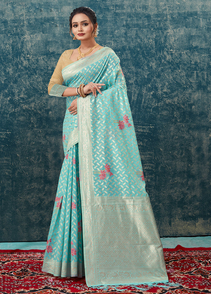 Sky Blue Kota Cotton Saree With Blouse Piece - Indian Silk House Agencies