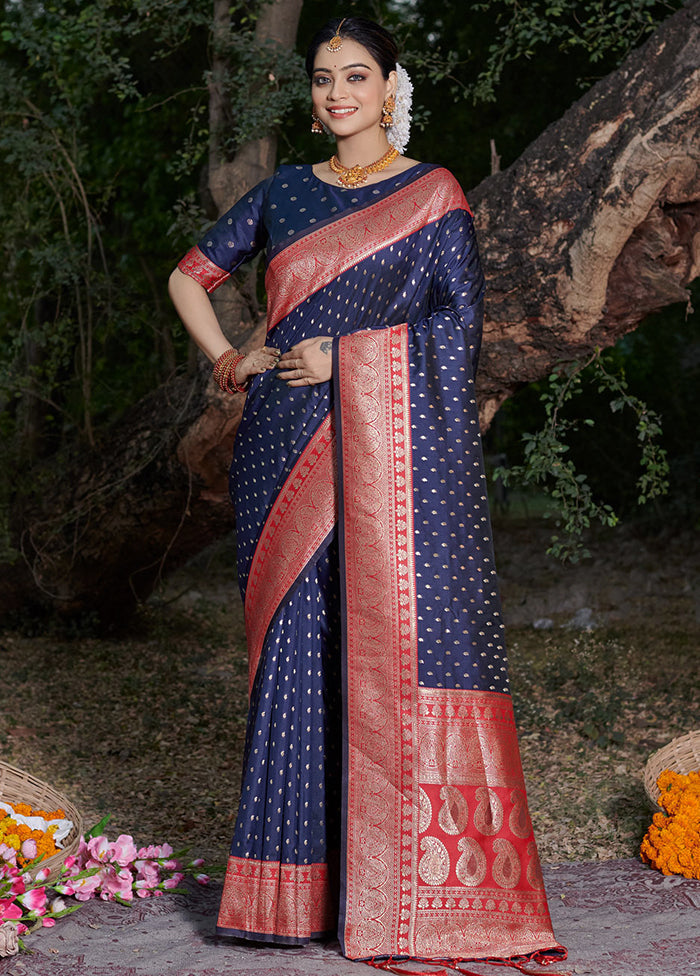 Navy Blue Dupion Silk Saree With Blouse Piece