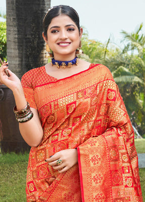 Red Dupion Silk Saree With Blouse Piece - Indian Silk House Agencies