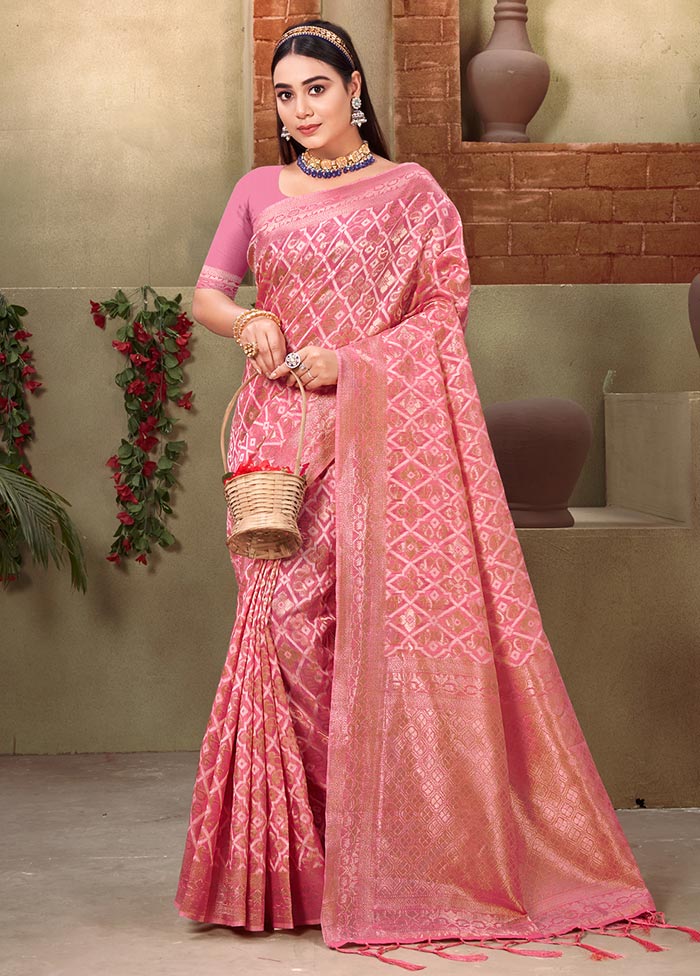 Light Pink Cotton Saree With Blouse Piece - Indian Silk House Agencies