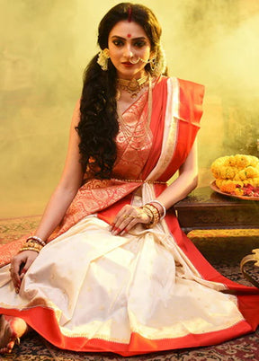 Red and White Dupion Silk Saree With Blouse Piece