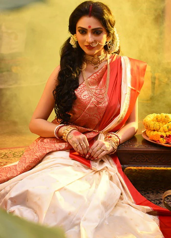 Red and White Dupion Silk Saree With Blouse Piece