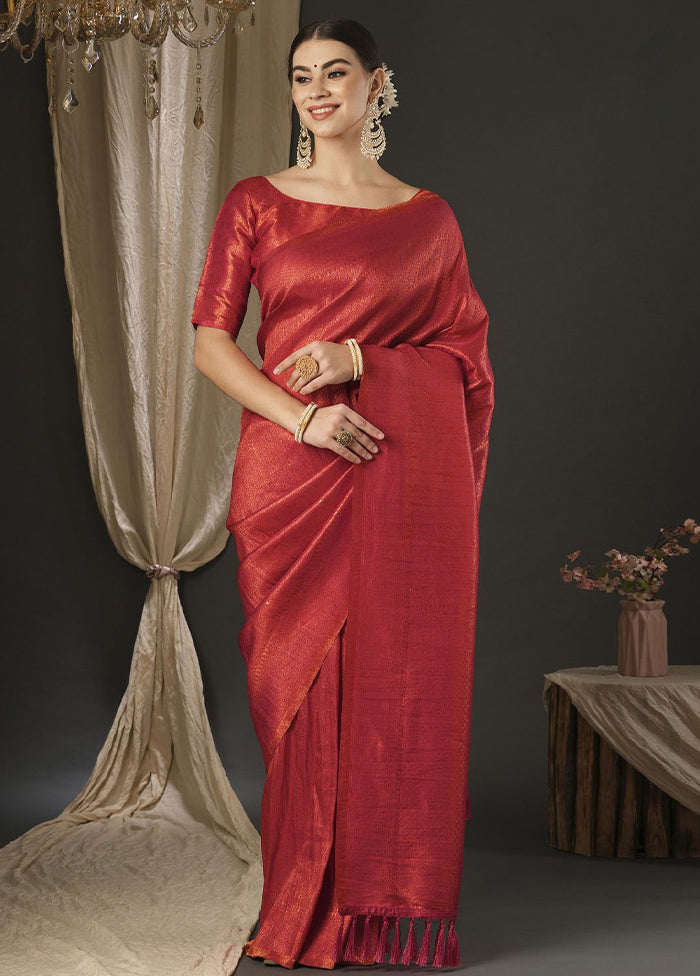 Red Dupion Silk Saree With Blouse Piece