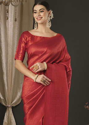 Red Dupion Silk Saree With Blouse Piece