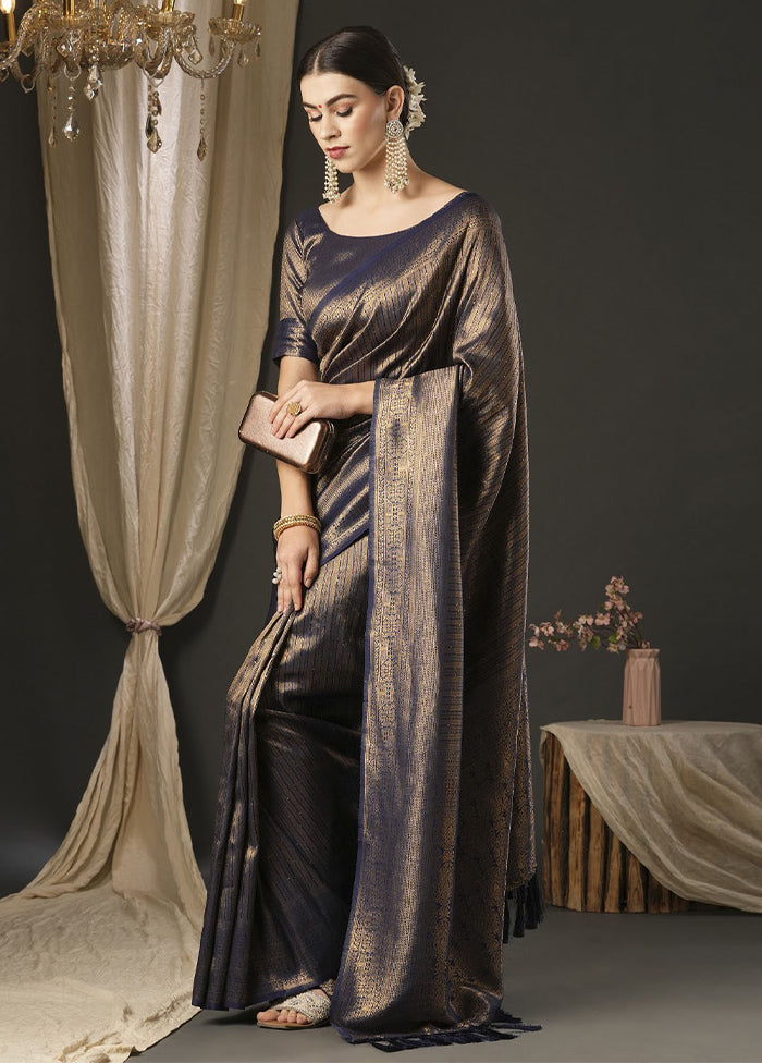 Navy Blue Dupion Silk Saree With Blouse Piece