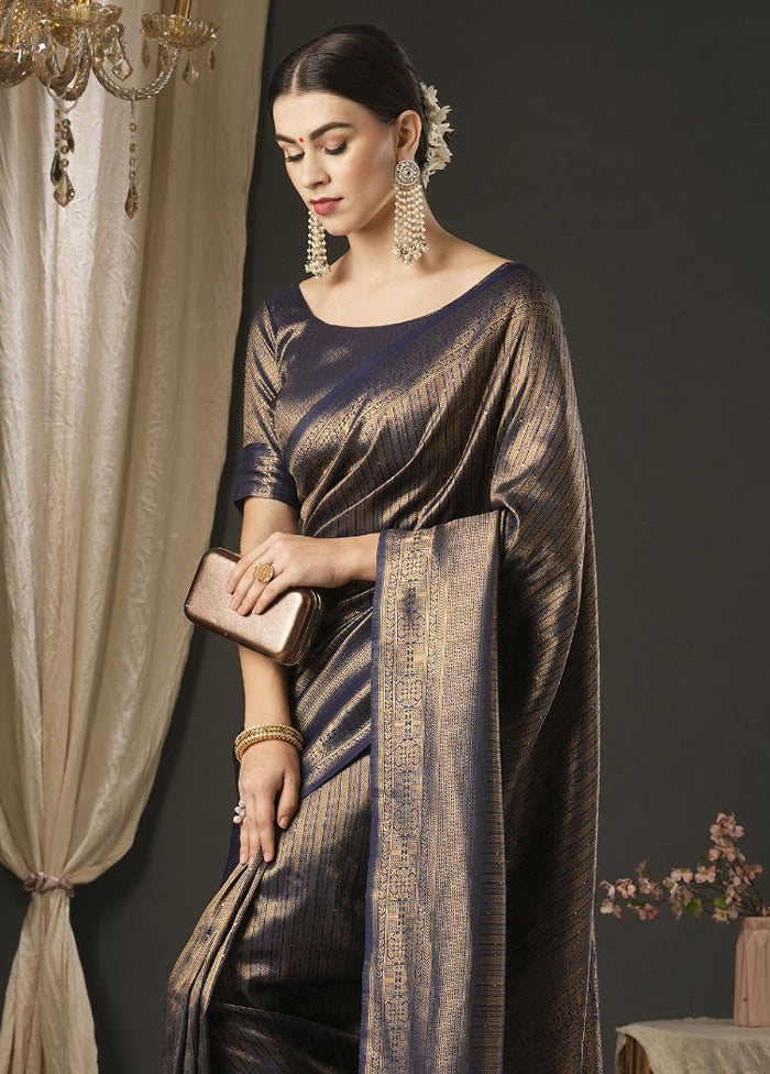 Navy Blue Dupion Silk Saree With Blouse Piece