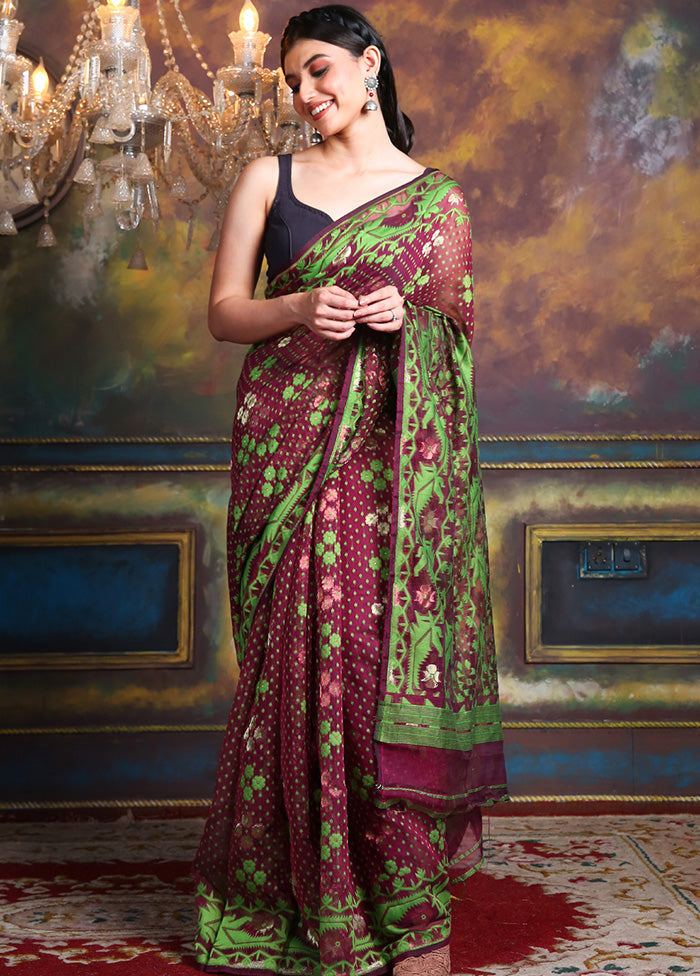 Maroon Tant Jamdani Saree Without Blouse Piece - Indian Silk House Agencies