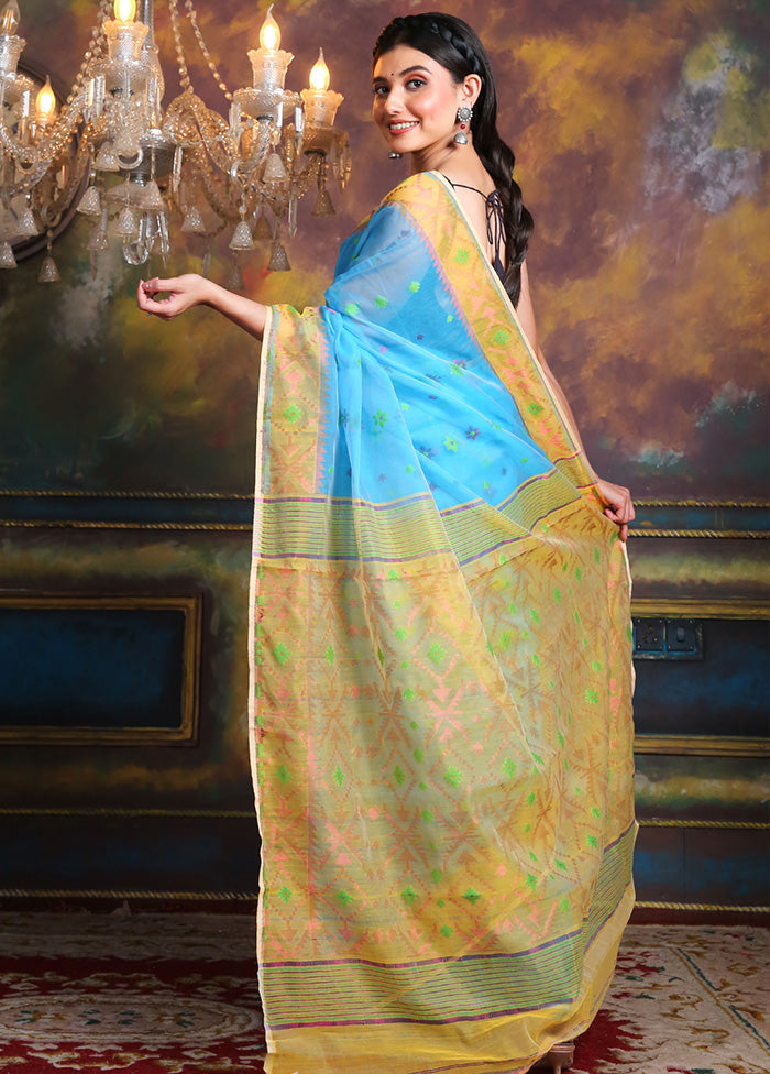 Sky Blue Tant Jamdani Saree Without Blouse Piece - Indian Silk House Agencies