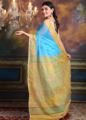 Sky Blue Tant Jamdani Saree Without Blouse Piece - Indian Silk House Agencies