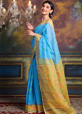 Sky Blue Tant Jamdani Saree Without Blouse Piece - Indian Silk House Agencies