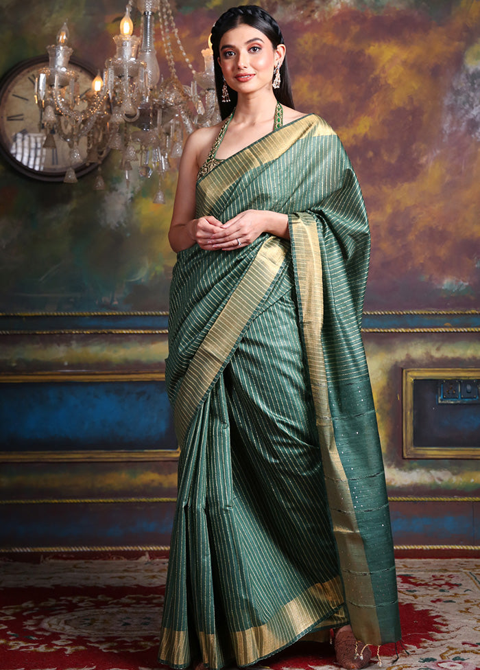 Green Spun Silk Saree With Blouse Piece - Indian Silk House Agencies