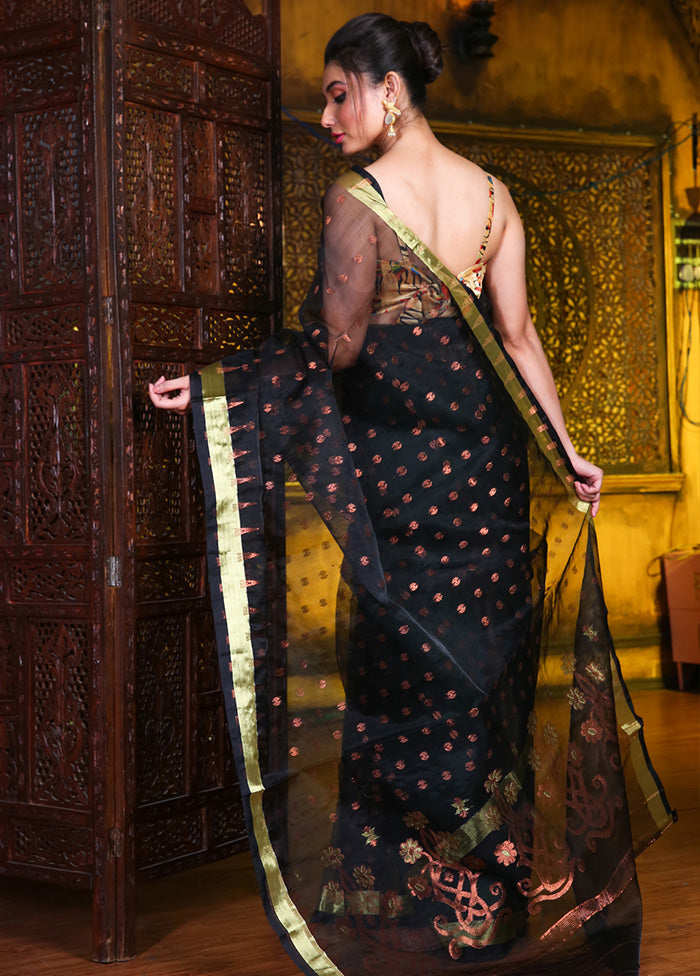 Black Pure Tant Jamdani Saree Without Blouse Piece - Indian Silk House Agencies