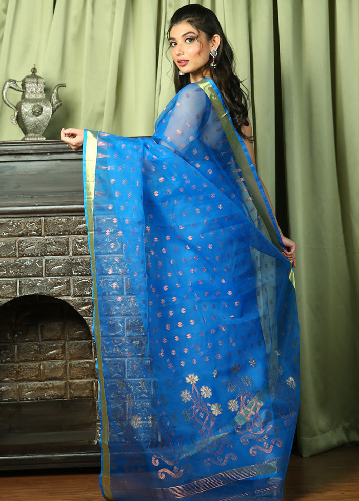 Blue Pure Tant Jamdani Saree Without Blouse Piece - Indian Silk House Agencies