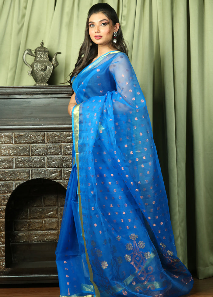 Blue Pure Tant Jamdani Saree Without Blouse Piece - Indian Silk House Agencies