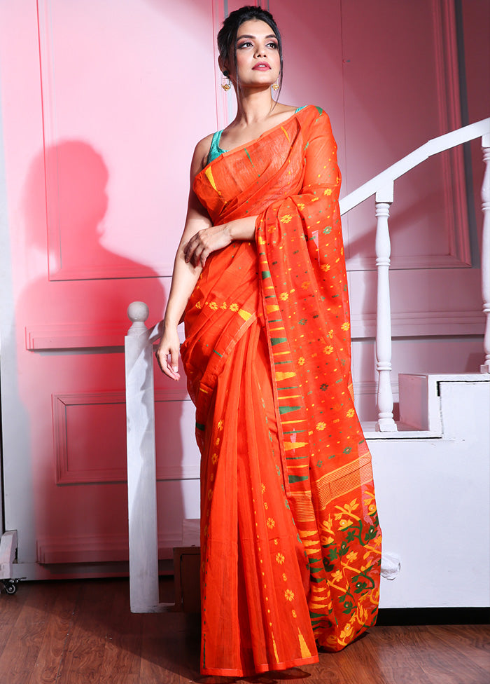 Orange Tant Jamdani Saree Without Blouse Piece - Indian Silk House Agencies