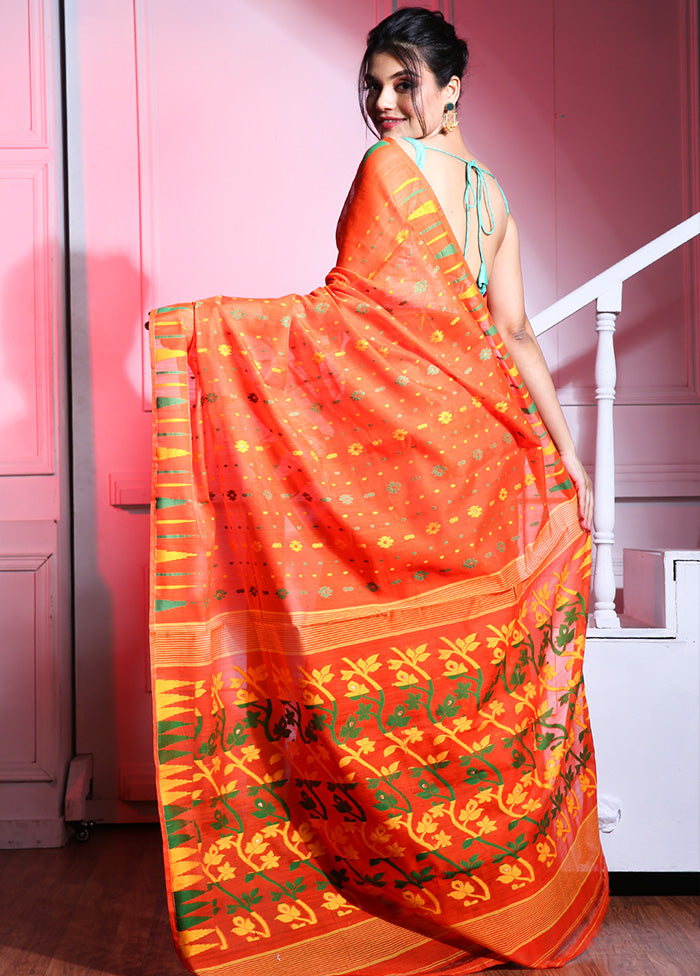 Orange Tant Jamdani Saree Without Blouse Piece - Indian Silk House Agencies