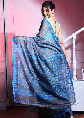 Dark Grey Tant Jamdani Saree Without Blouse Piece - Indian Silk House Agencies