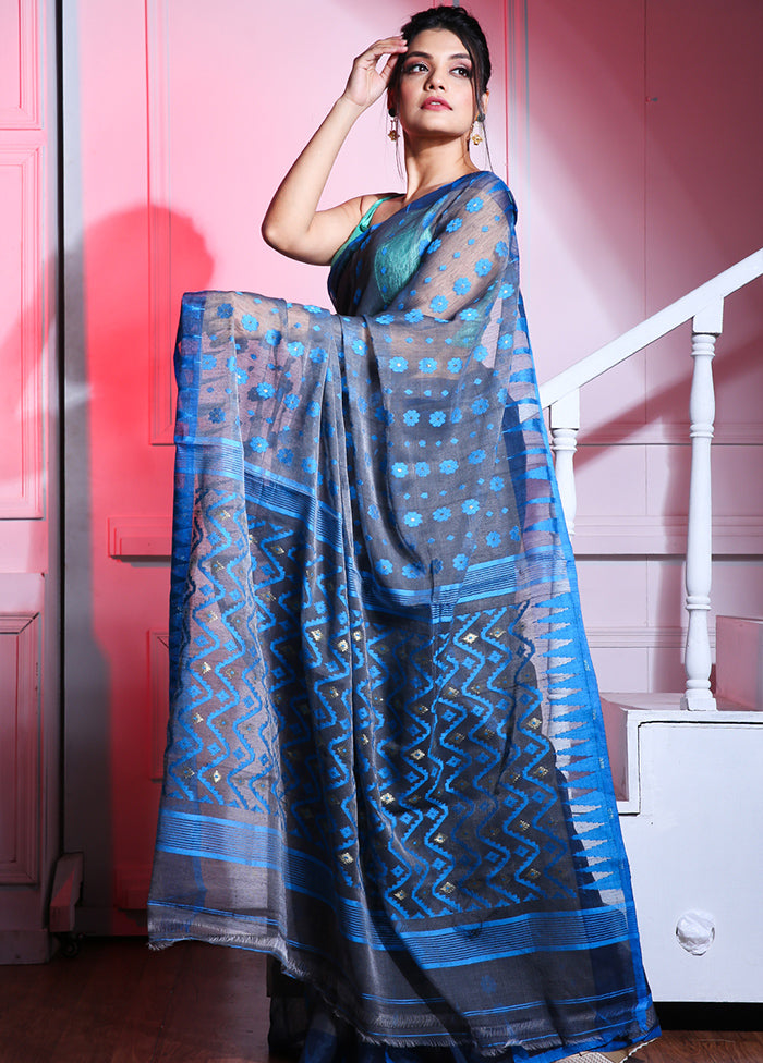 Dark Grey Tant Jamdani Saree Without Blouse Piece - Indian Silk House Agencies