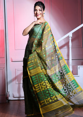 Deep Green Tant Jamdani Saree Without Blouse Piece - Indian Silk House Agencies