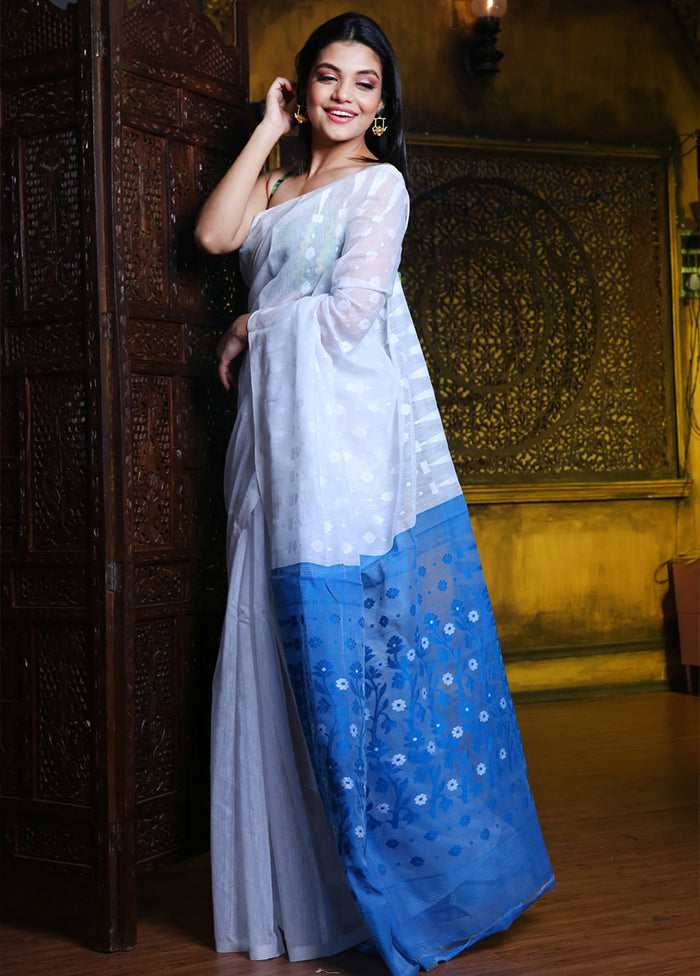 White Tant Jamdani Saree Without Blouse Piece - Indian Silk House Agencies