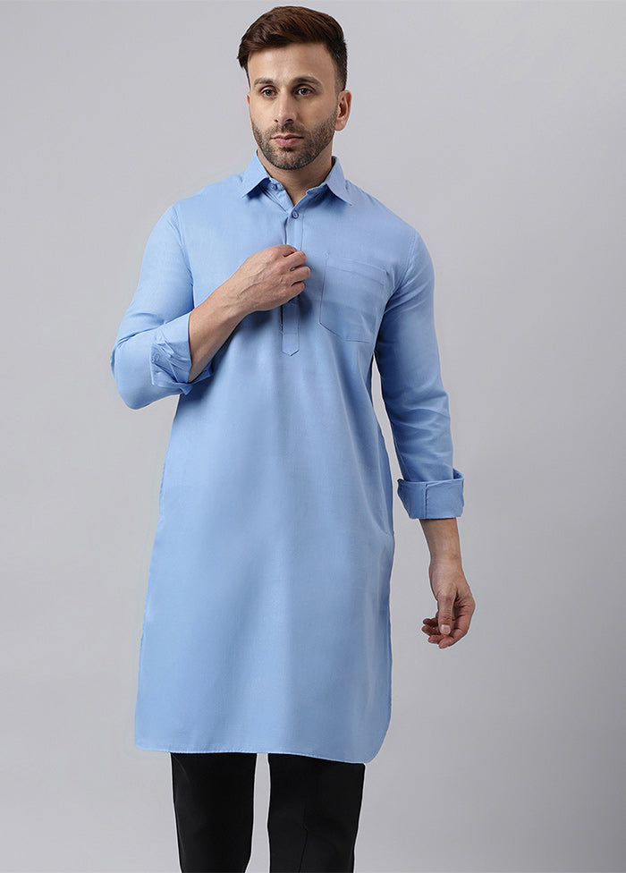 Blue Cotton Jacquard Long Kurta