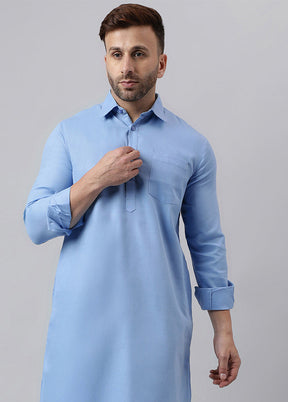 Blue Cotton Jacquard Long Kurta